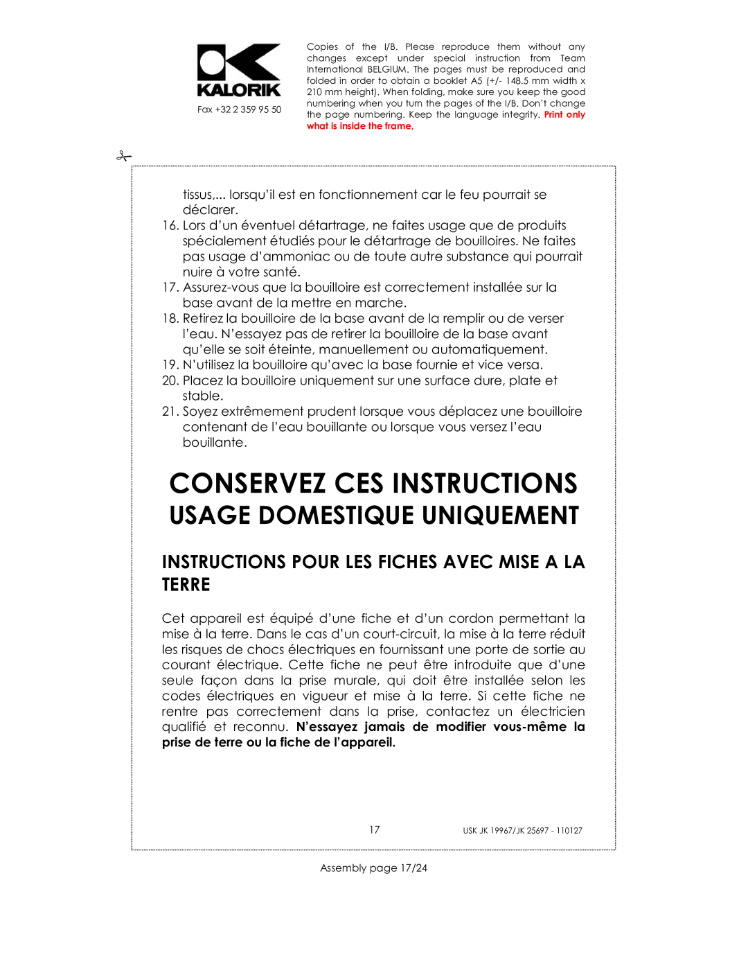 Kalorik JK 25697 manual Conservez CES Instructions, Instructions Pour LES Fiches Avec Mise a LA Terre, Assembly page 17/24 