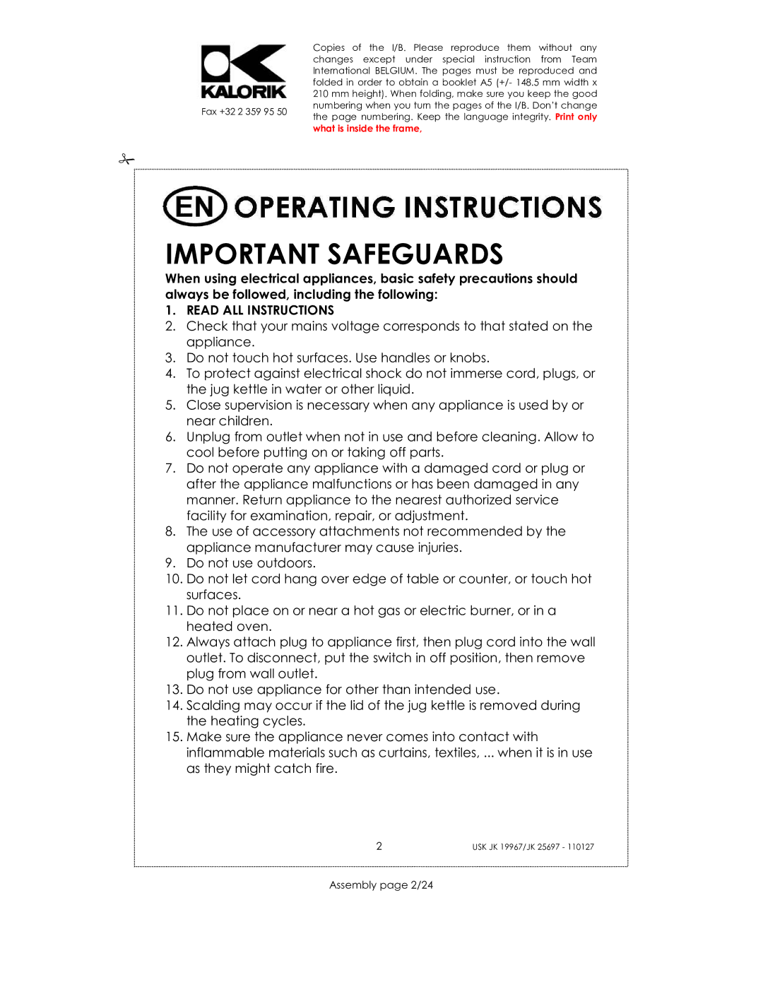 Kalorik JK 19967, JK 25697 manual Important Safeguards, Assembly page 2/24 