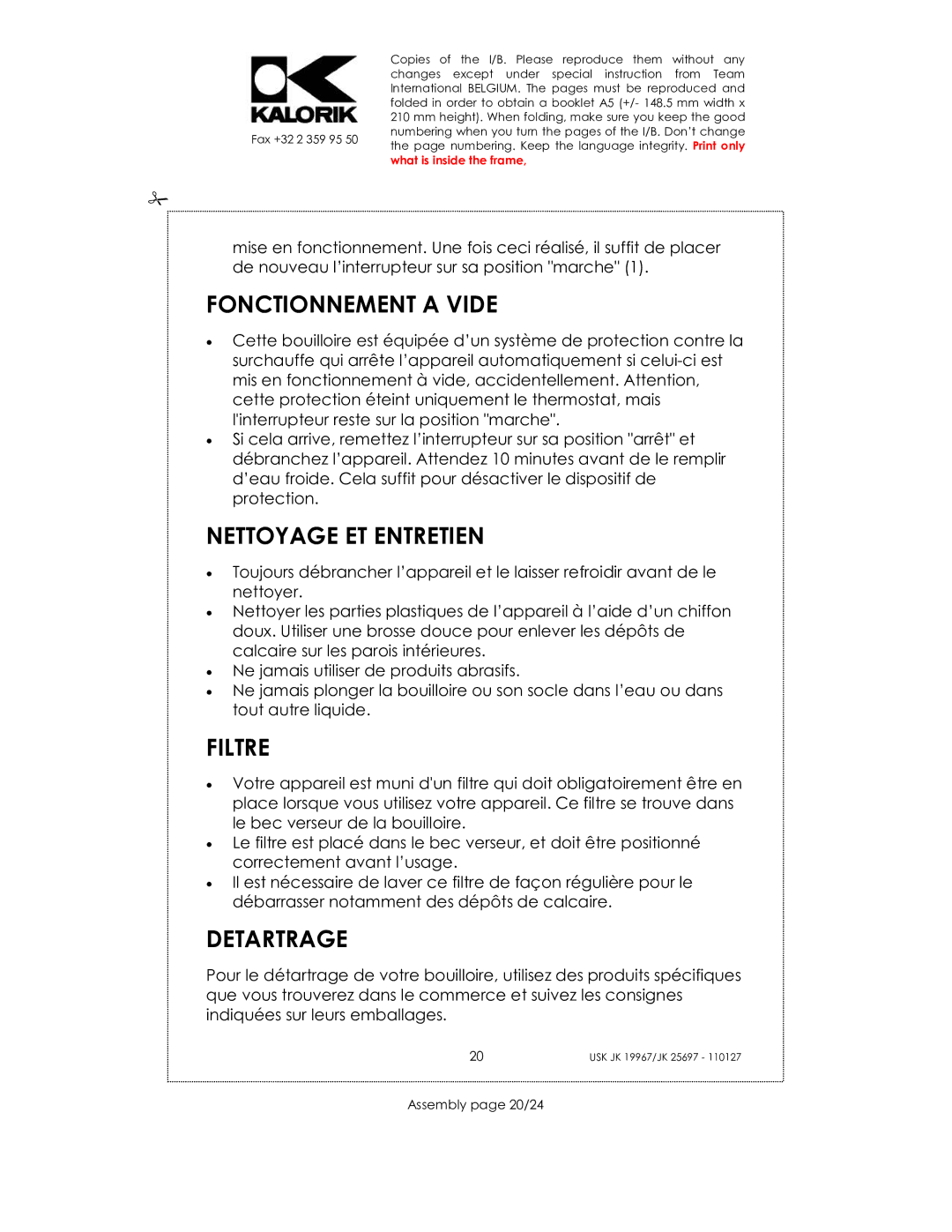 Kalorik JK 19967, JK 25697 manual Fonctionnement a Vide, Nettoyage ET Entretien, Filtre, Detartrage, Assembly page 20/24 