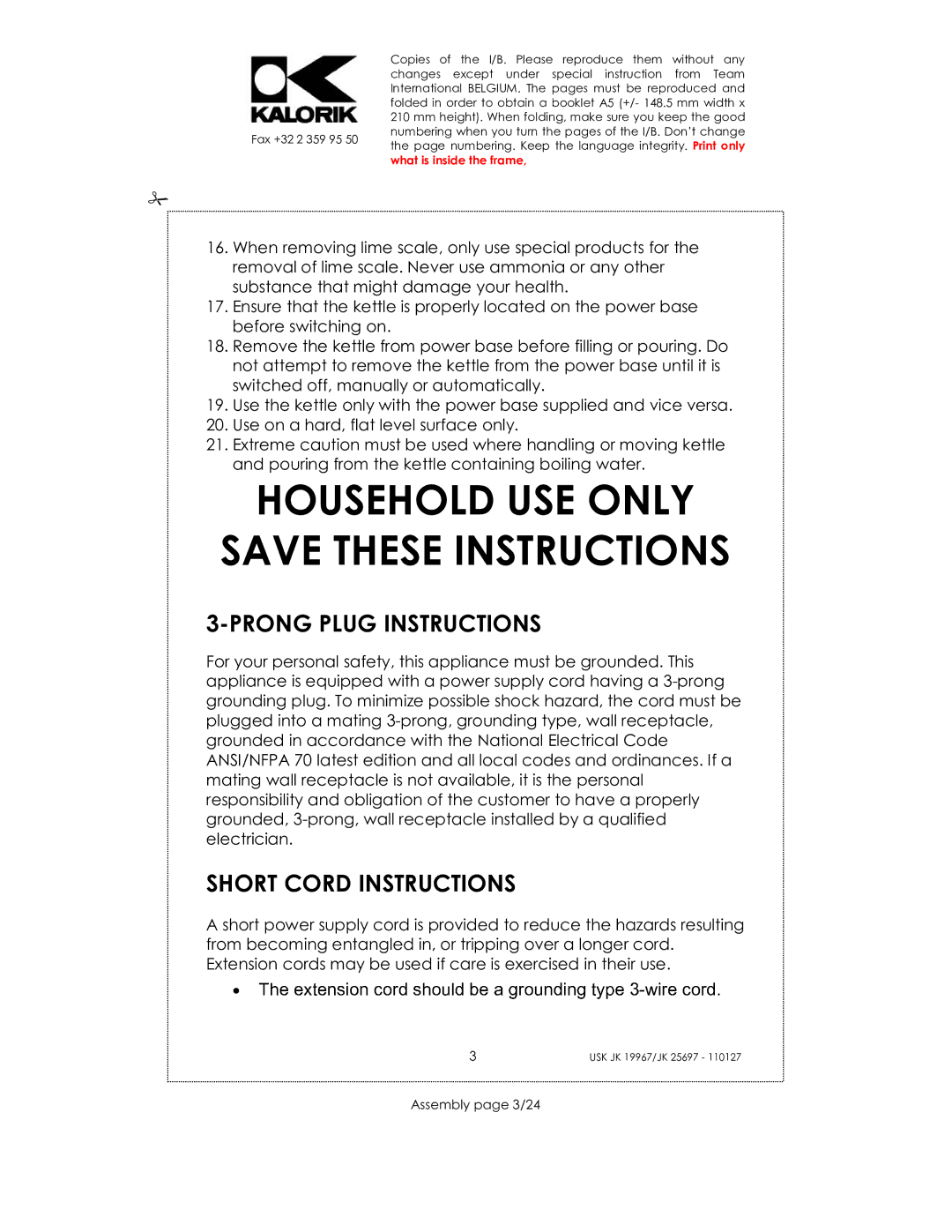 Kalorik JK 25697, JK 19967 manual Prong Plug Instructions, Short Cord Instructions,  , Assembly page 3/24 