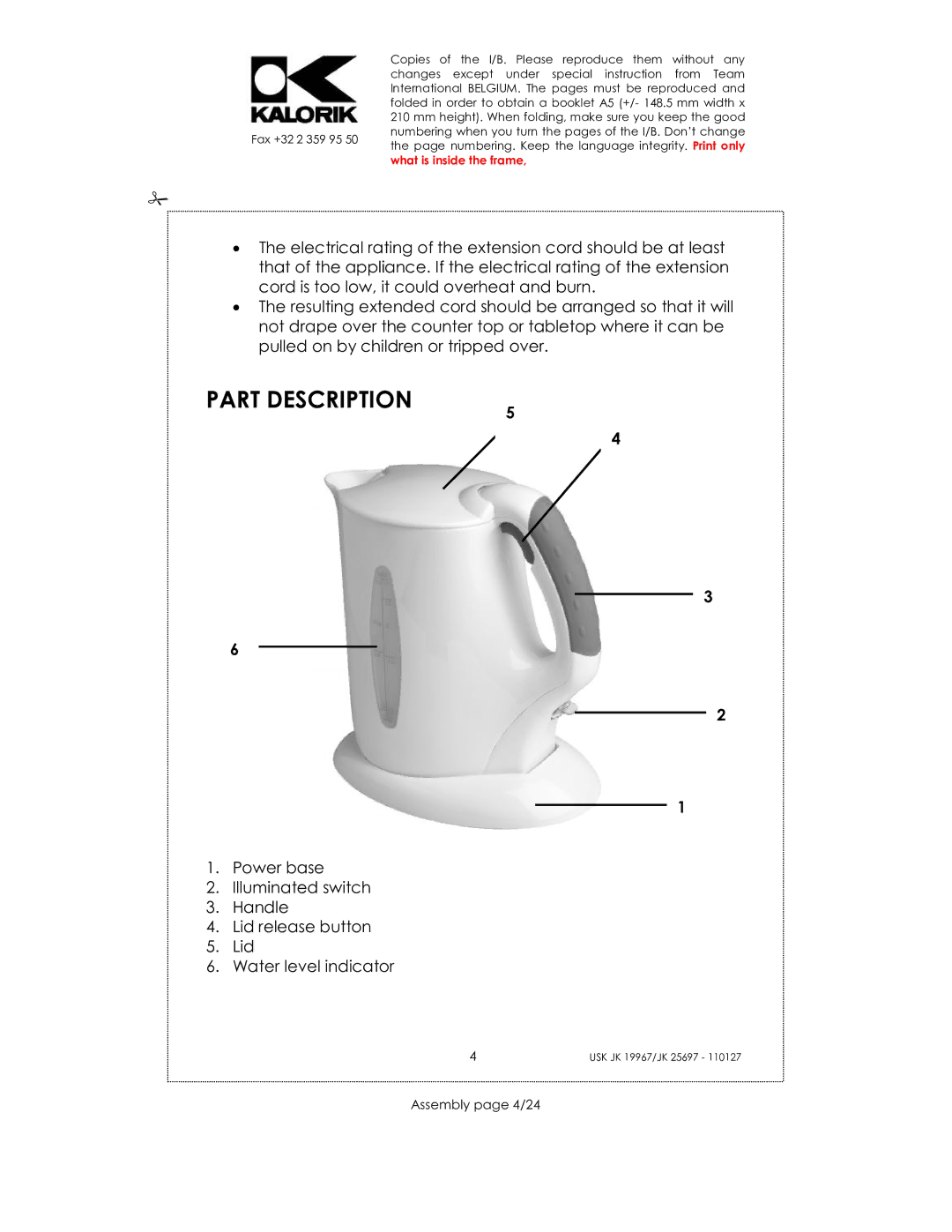 Kalorik JK 19967, JK 25697 manual Part Description, Assembly page 4/24 