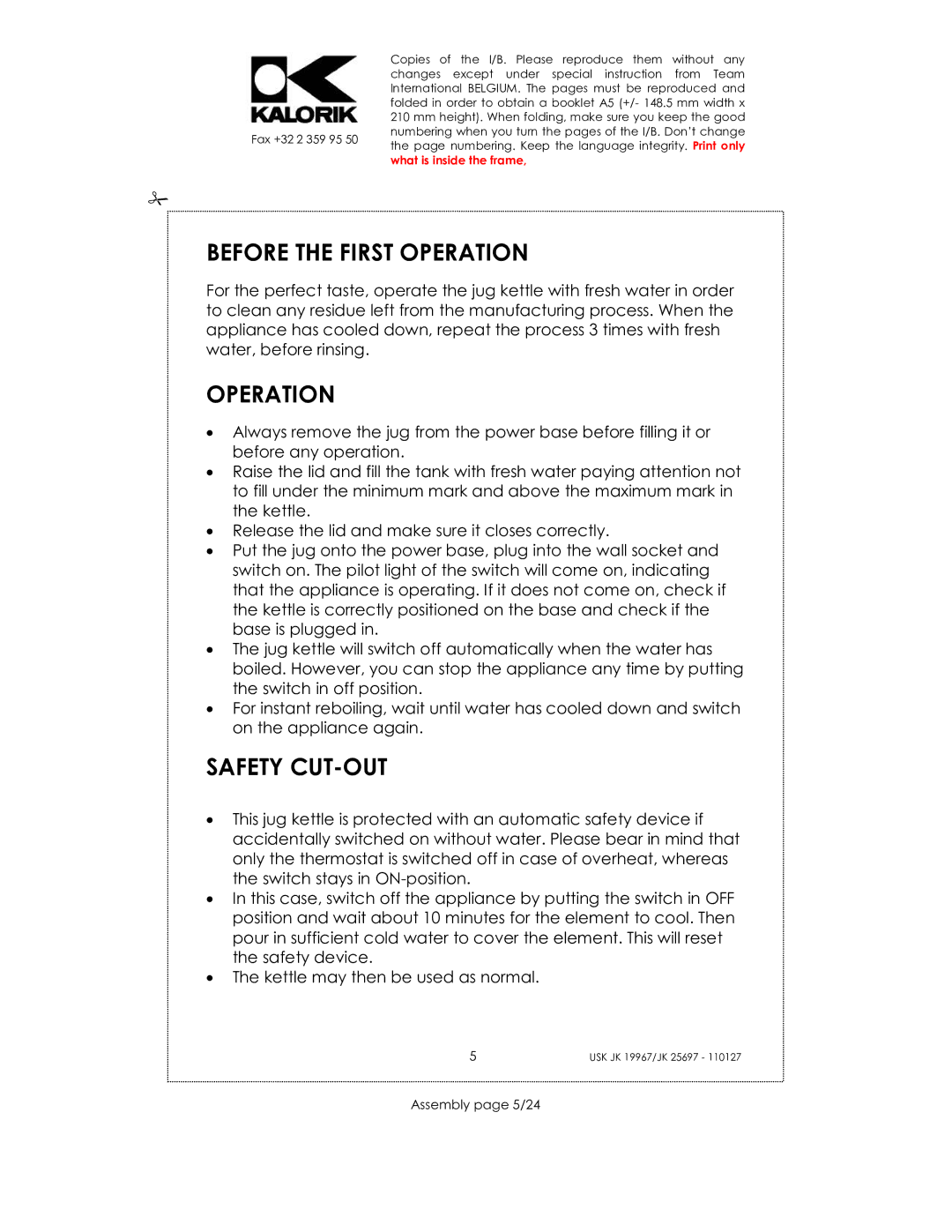 Kalorik JK 25697, JK 19967 manual Before the First Operation, Safety CUT-OUT, Assembly page 5/24 