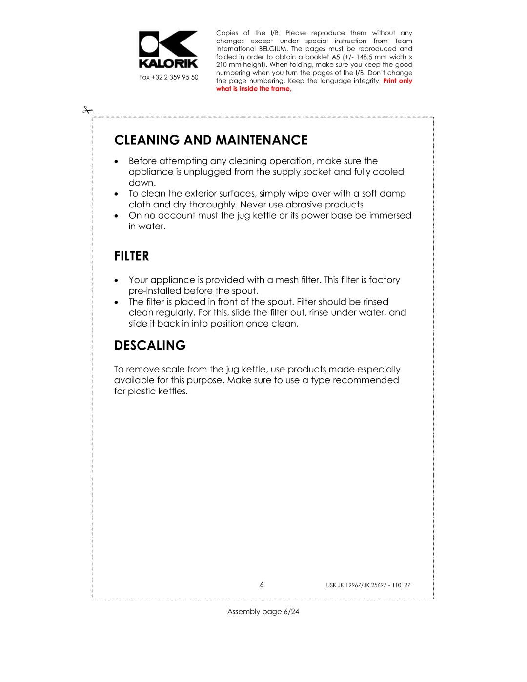 Kalorik JK 19967, JK 25697 manual Cleaning and Maintenance, Filter, Descaling, Assembly page 6/24 