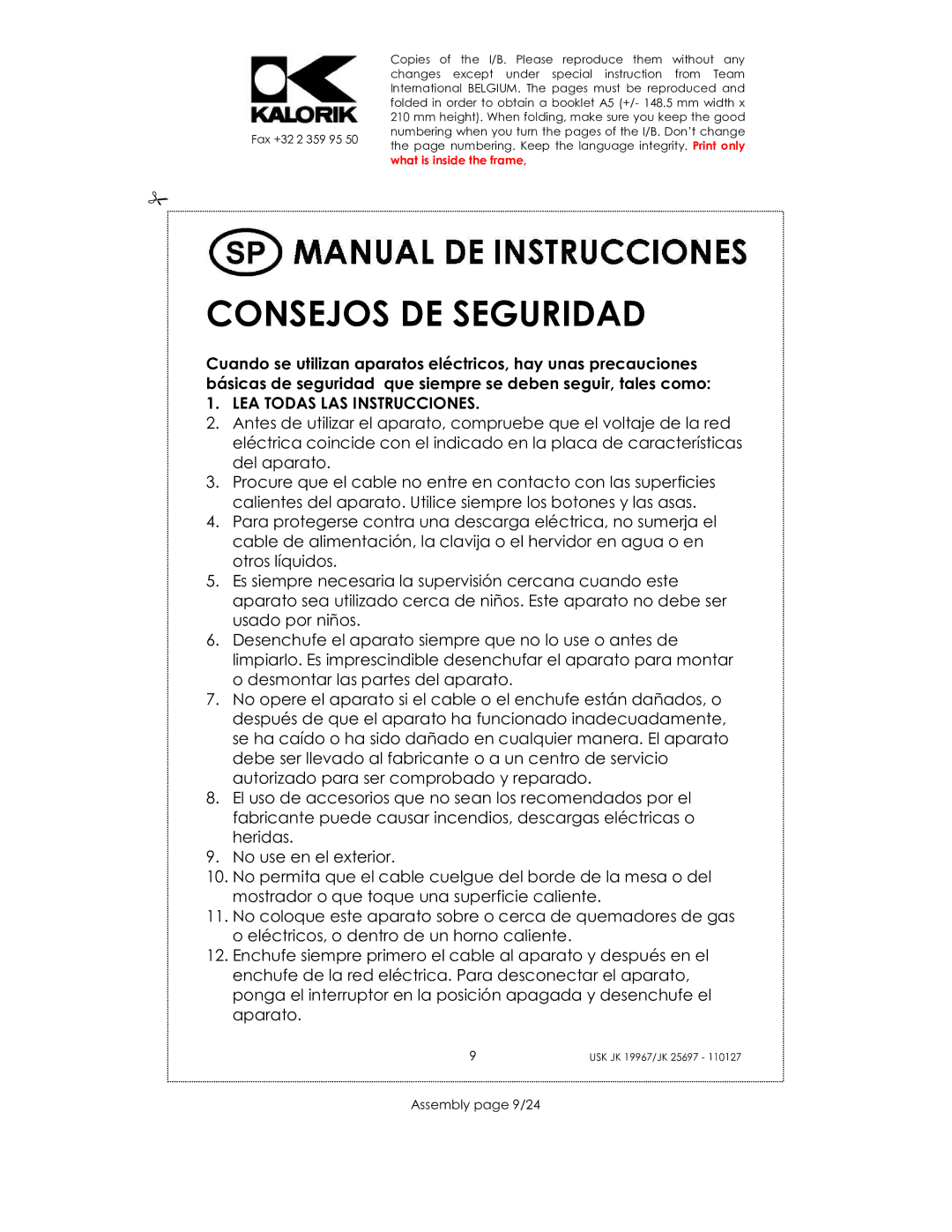 Kalorik JK 25697, JK 19967 manual Consejos DE Seguridad, Assembly page 9/24 