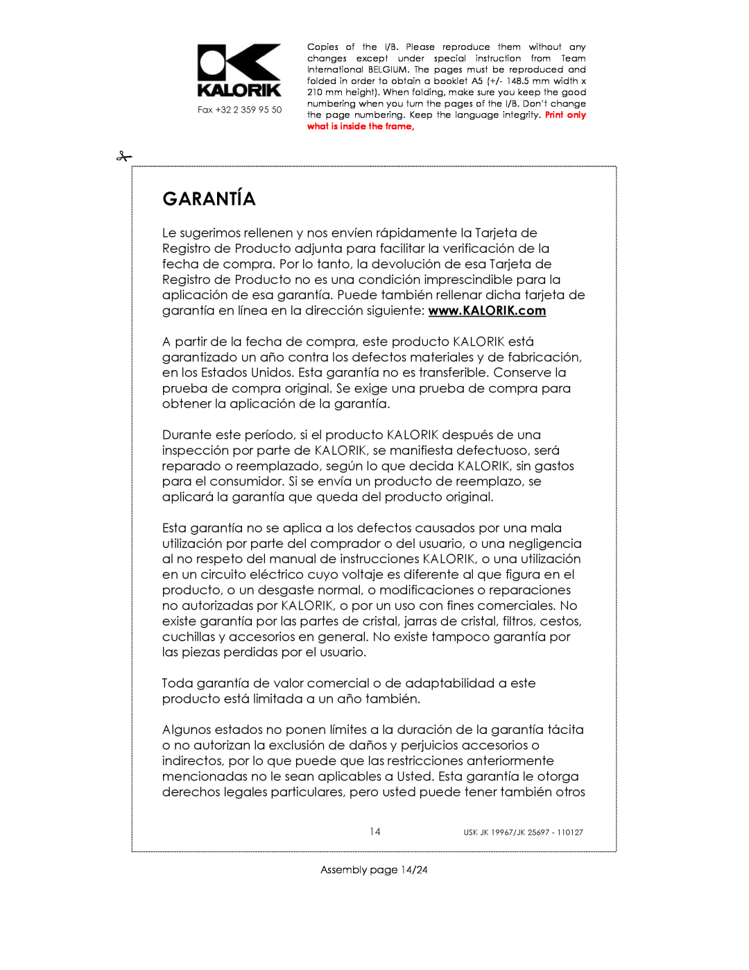 Kalorik JK 19967, JK 25697 manual Garantía, Assembly page 14/24 