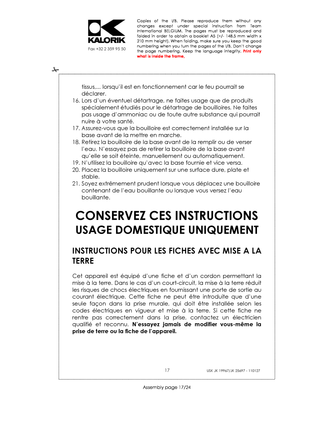 Kalorik JK 25697, JK 19967 manual Conservez Ces Instructions, Instructions Pour Les Fiches Avec Mise A La Terre 