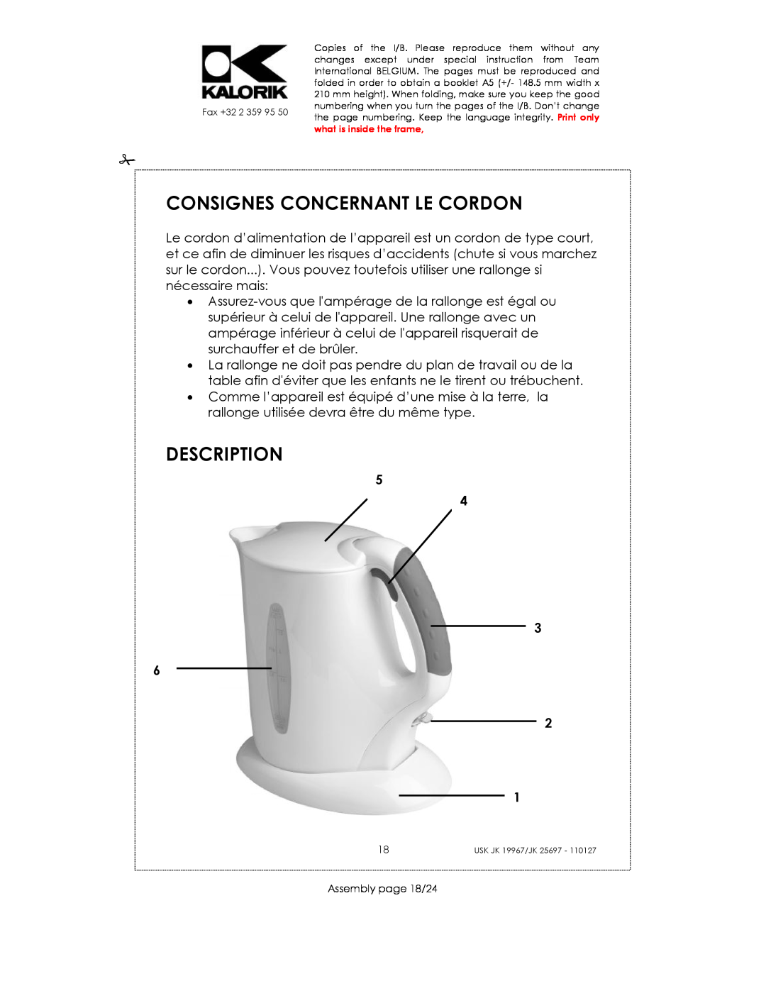 Kalorik JK 19967, JK 25697 manual Consignes Concernant Le Cordon, Description, Assembly page 18/24 