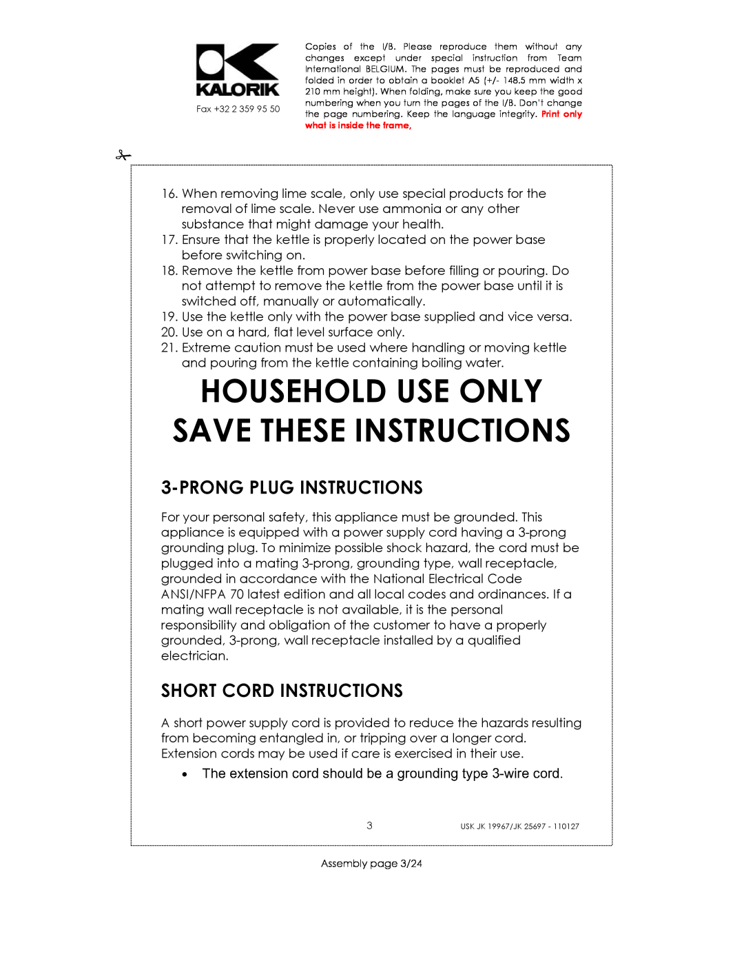 Kalorik JK 25697, JK 19967 Household Use Only Save These Instructions, Prong Plug Instructions, Short Cord Instructions 