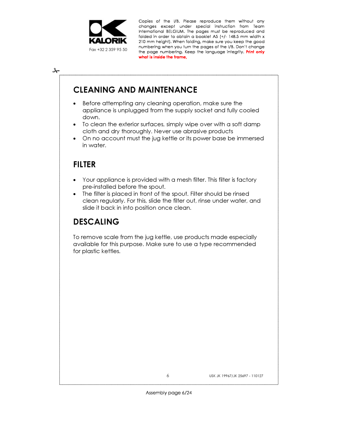 Kalorik JK 19967, JK 25697 manual Cleaning And Maintenance, Filter, Descaling, Assembly page 6/24 