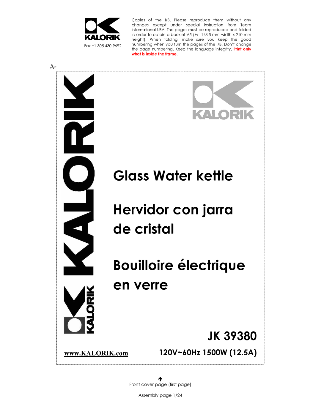 Kalorik JK 39380 manual Front cover page first Assembly page 1/24 