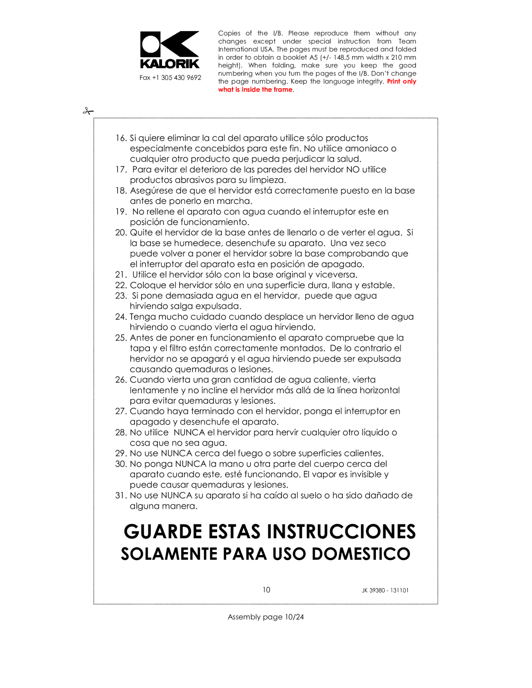 Kalorik JK 39380 manual Guarde Estas Instrucciones, Assembly page 10/24 