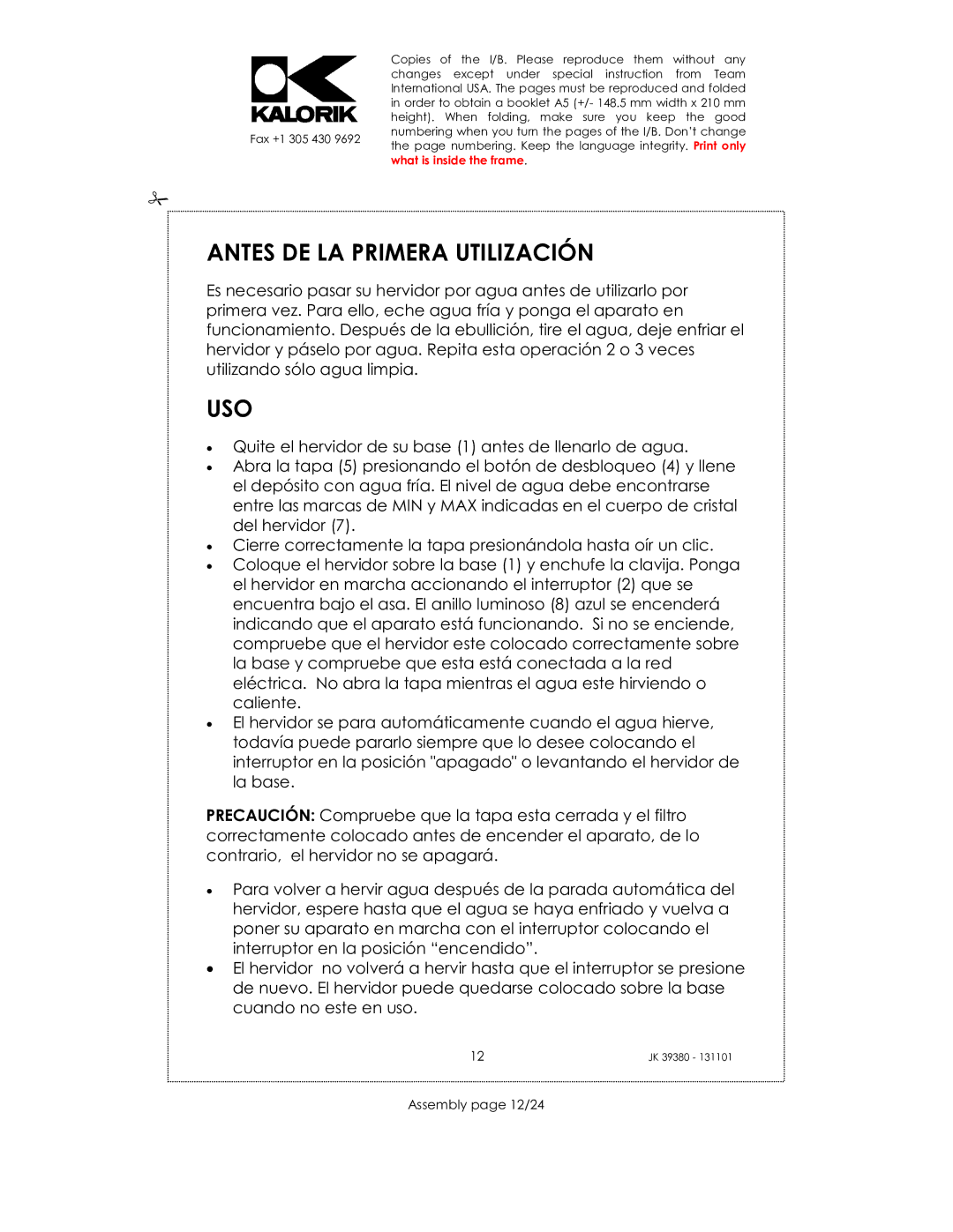 Kalorik JK 39380 manual Antes DE LA Primera Utilización, Uso, Assembly page 12/24 