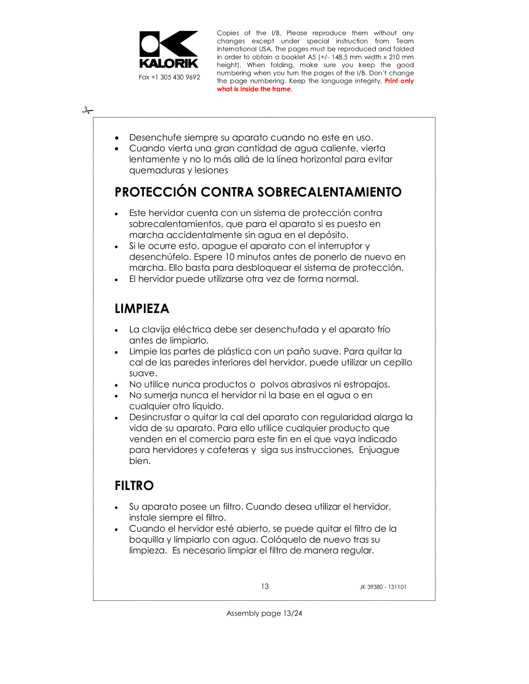 Kalorik JK 39380 manual Protección Contra Sobrecalentamiento, Limpieza, Filtro, Assembly page 13/24 