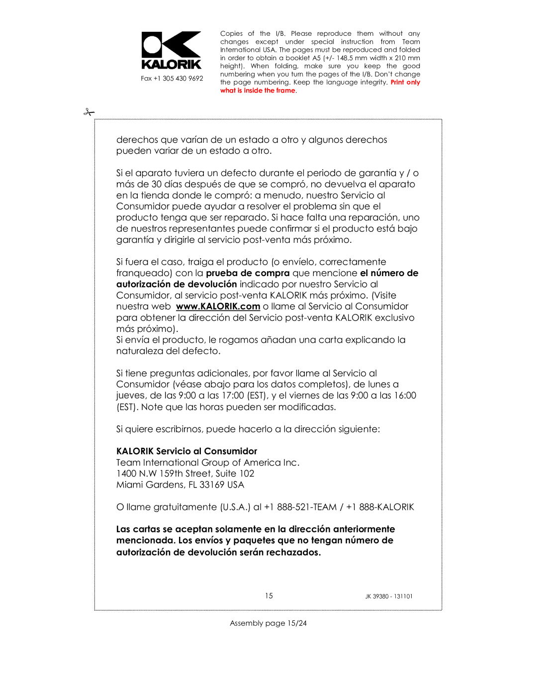 Kalorik JK 39380 manual Kalorik Servicio al Consumidor, Assembly page 15/24 