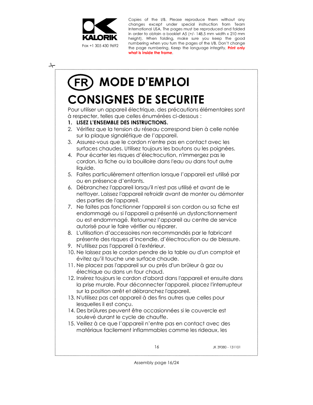 Kalorik JK 39380 manual Consignes DE Securite, Assembly page 16/24 