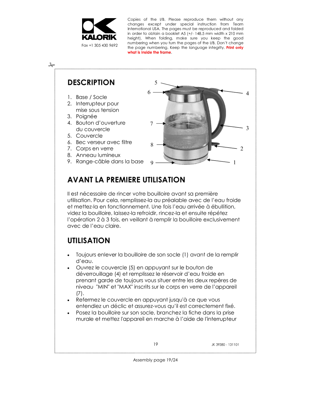 Kalorik JK 39380 manual Description, Avant LA Premiere Utilisation, Assembly page 19/24 