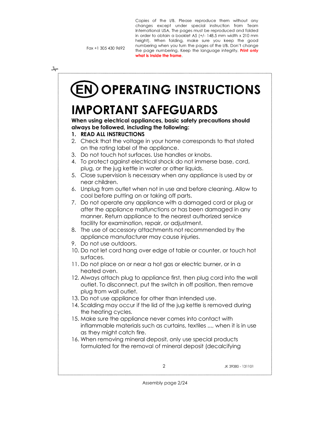 Kalorik JK 39380 manual Important Safeguards, Assembly page 2/24 