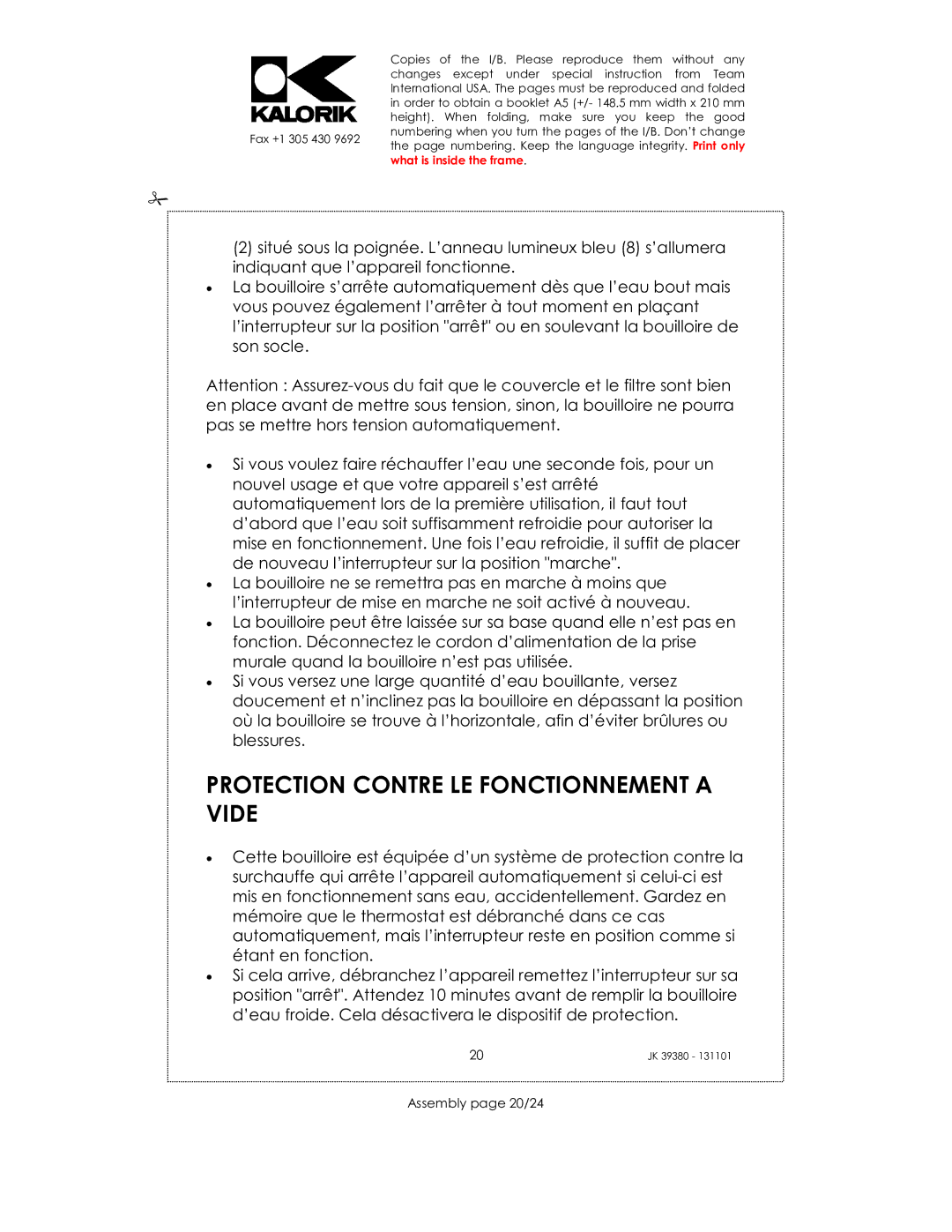 Kalorik JK 39380 manual Protection Contre LE Fonctionnement a Vide, Assembly page 20/24 