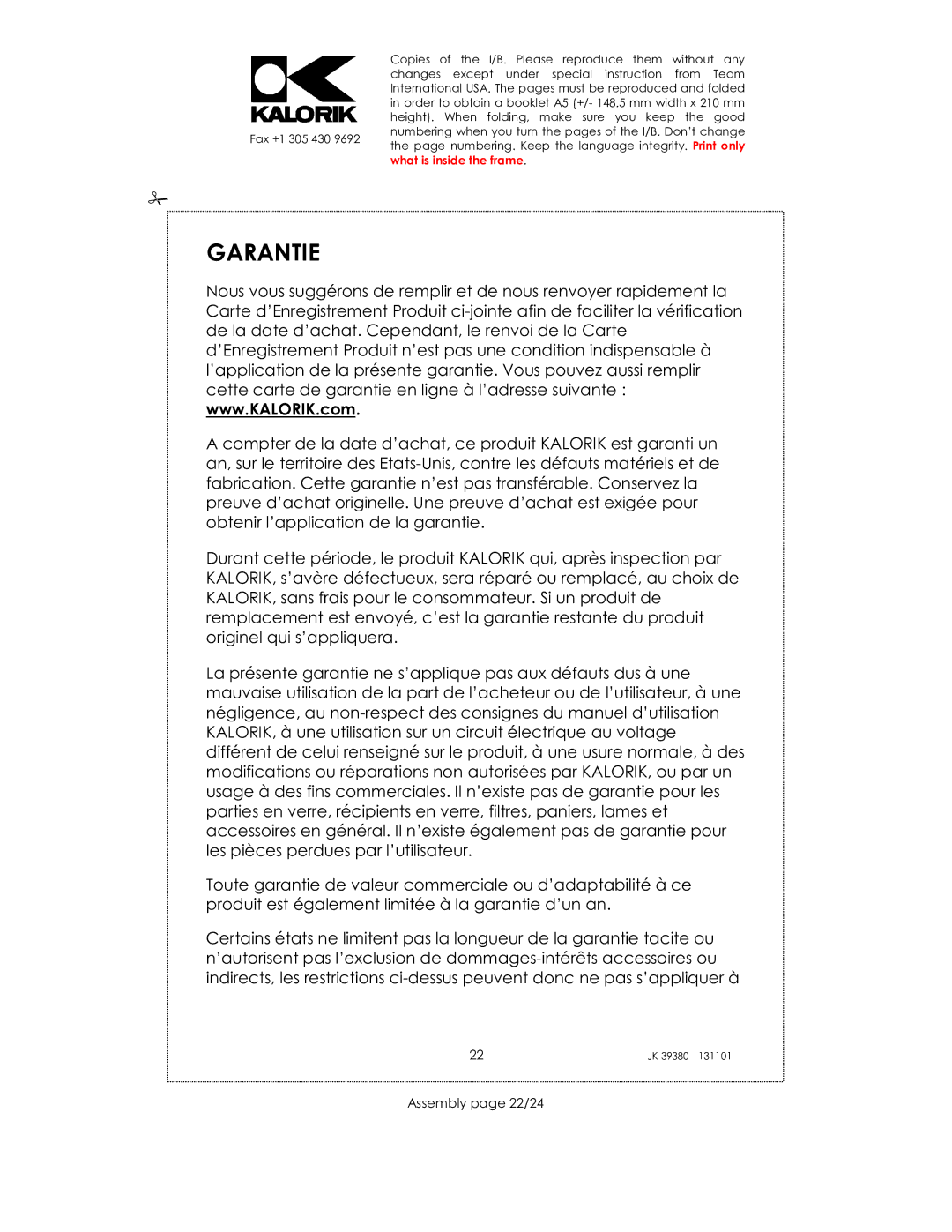 Kalorik JK 39380 manual Garantie, Assembly page 22/24 