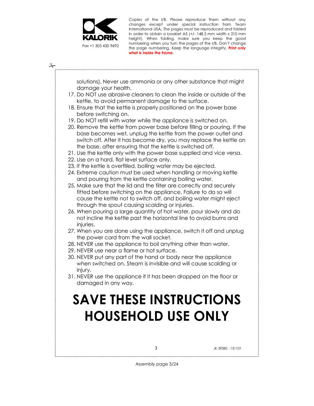 Kalorik JK 39380 manual Household USE only, Assembly page 3/24 