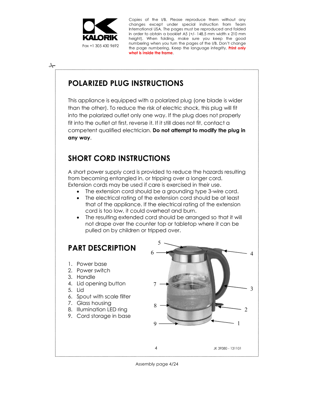 Kalorik JK 39380 manual Polarized Plug Instructions, Short Cord Instructions, Assembly page 4/24 