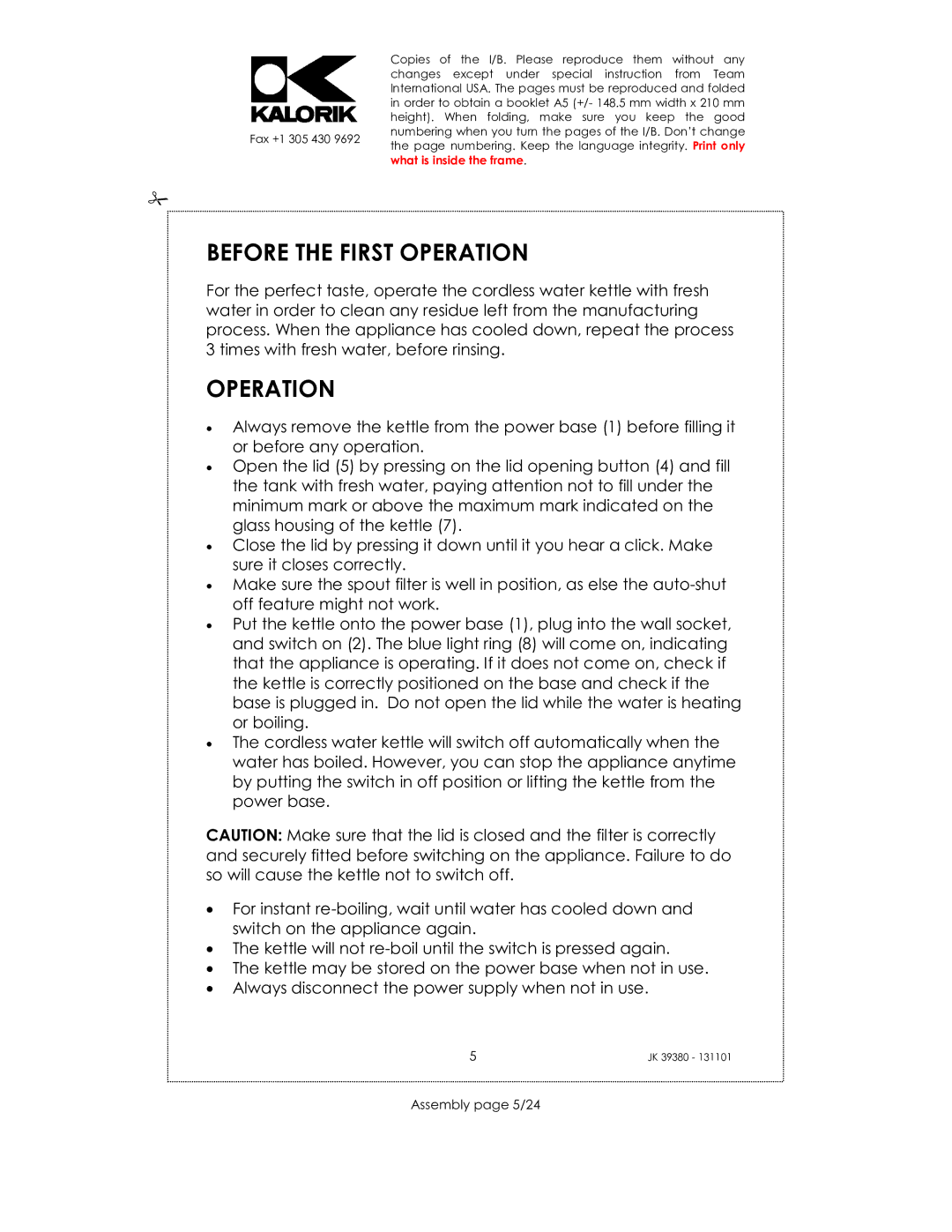 Kalorik JK 39380 manual Before the First Operation, Assembly page 5/24 