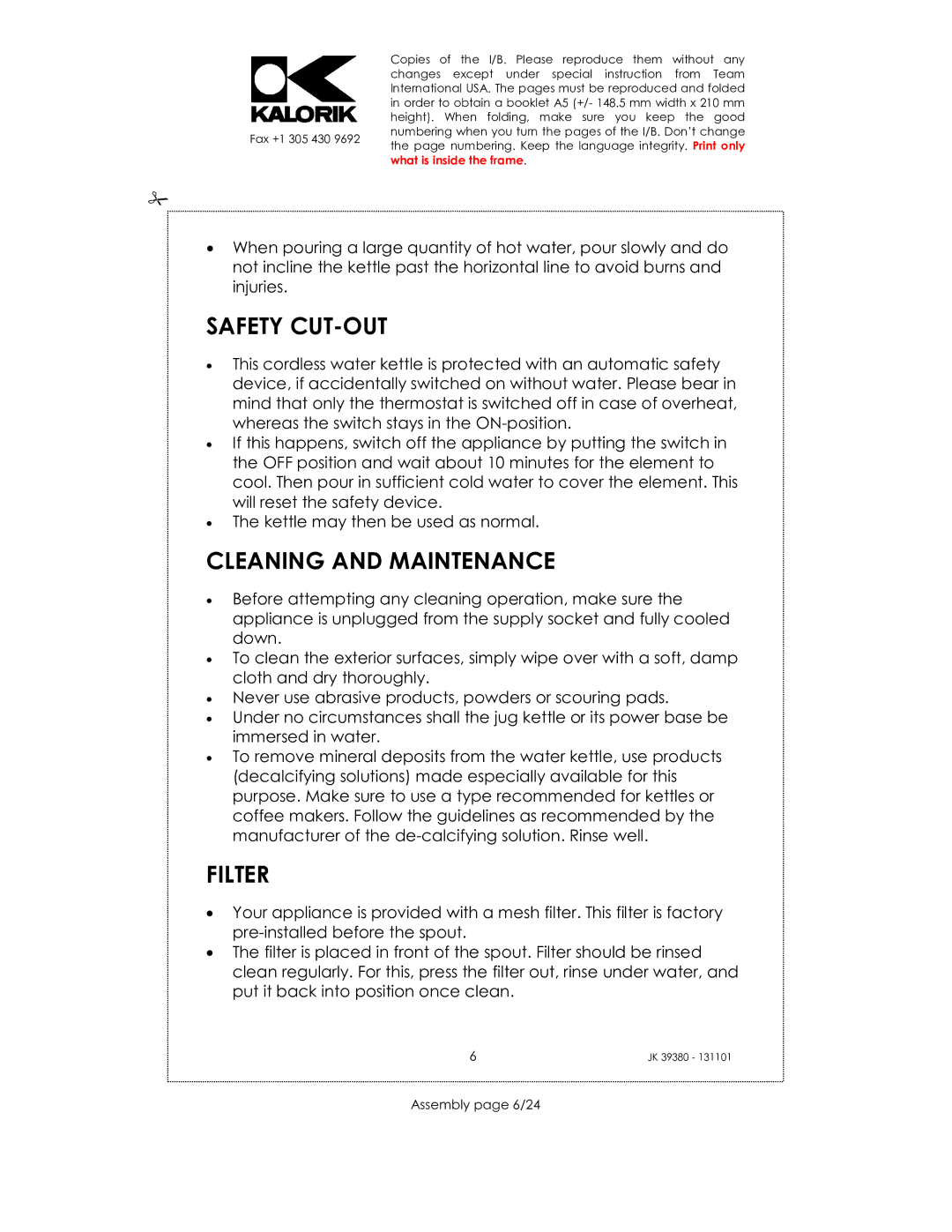 Kalorik JK 39380 manual Safety CUT-OUT, Cleaning and Maintenance, Filter, Assembly page 6/24 