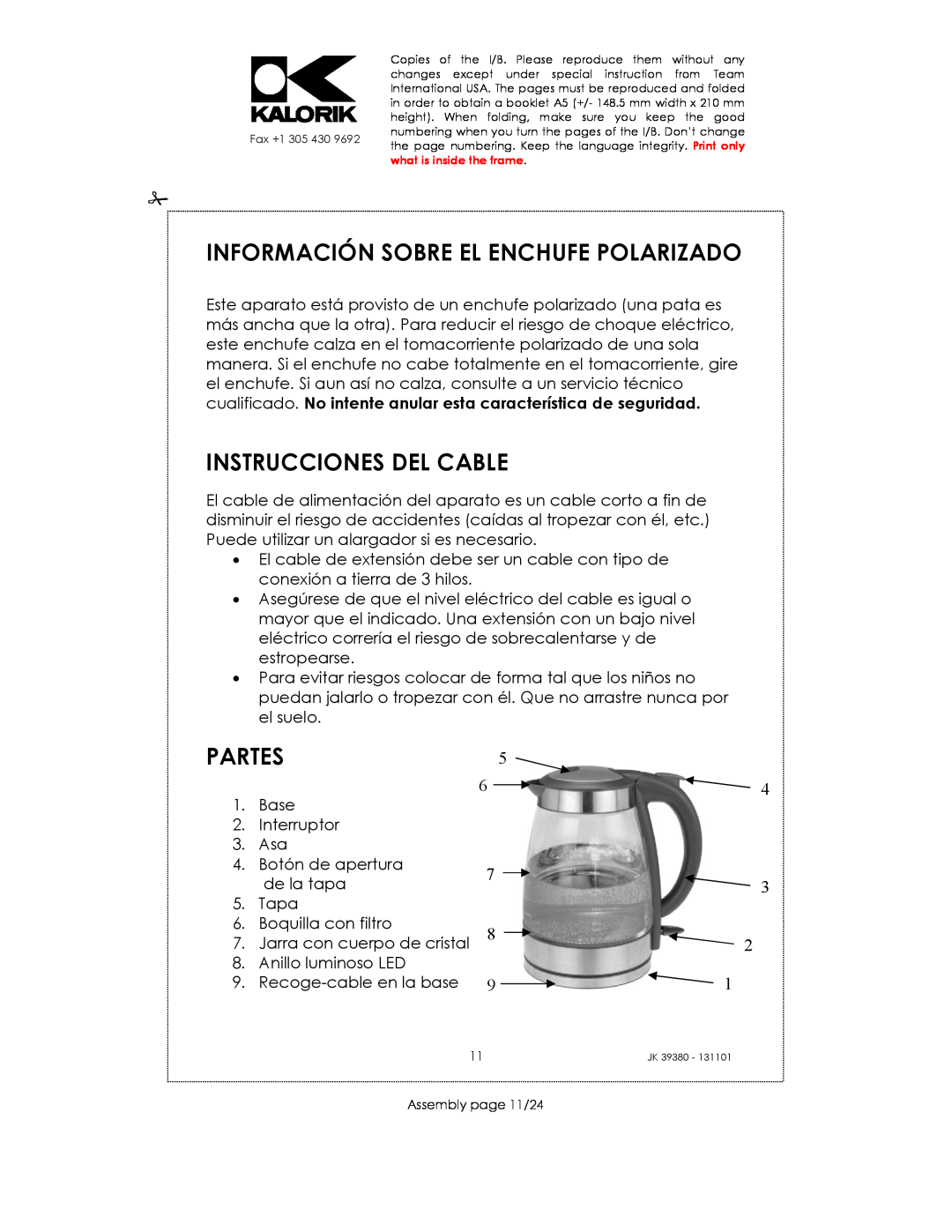 Kalorik JK 39380 manual Información Sobre El Enchufe Polarizado, Instrucciones Del Cable, Partes 