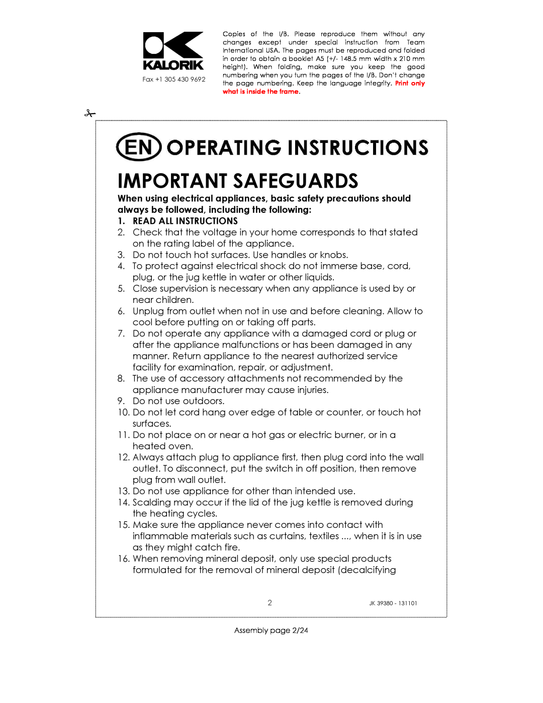 Kalorik JK 39380 manual Important Safeguards, Read All Instructions 