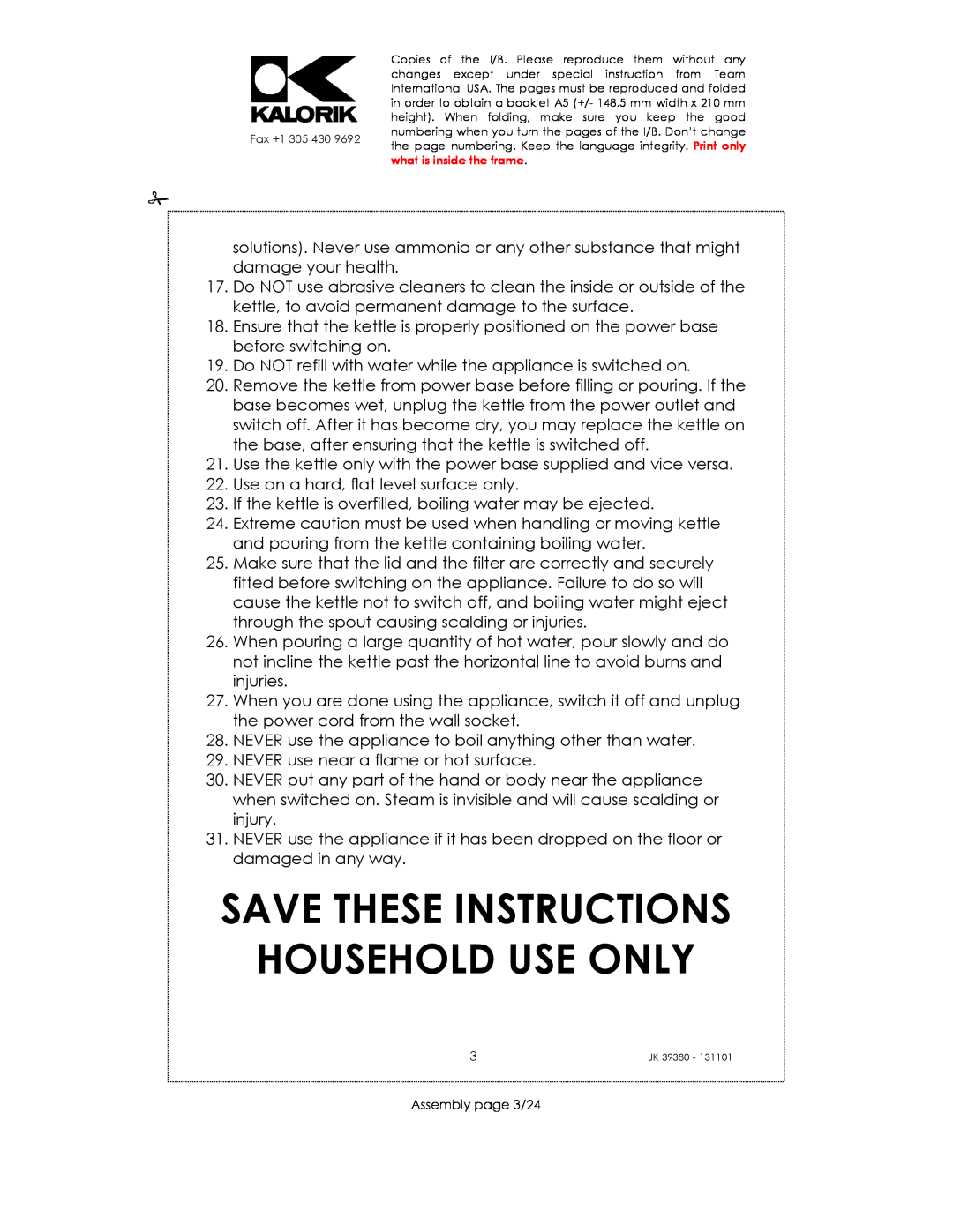 Kalorik JK 39380 manual Save These Instructions Household Use Only 