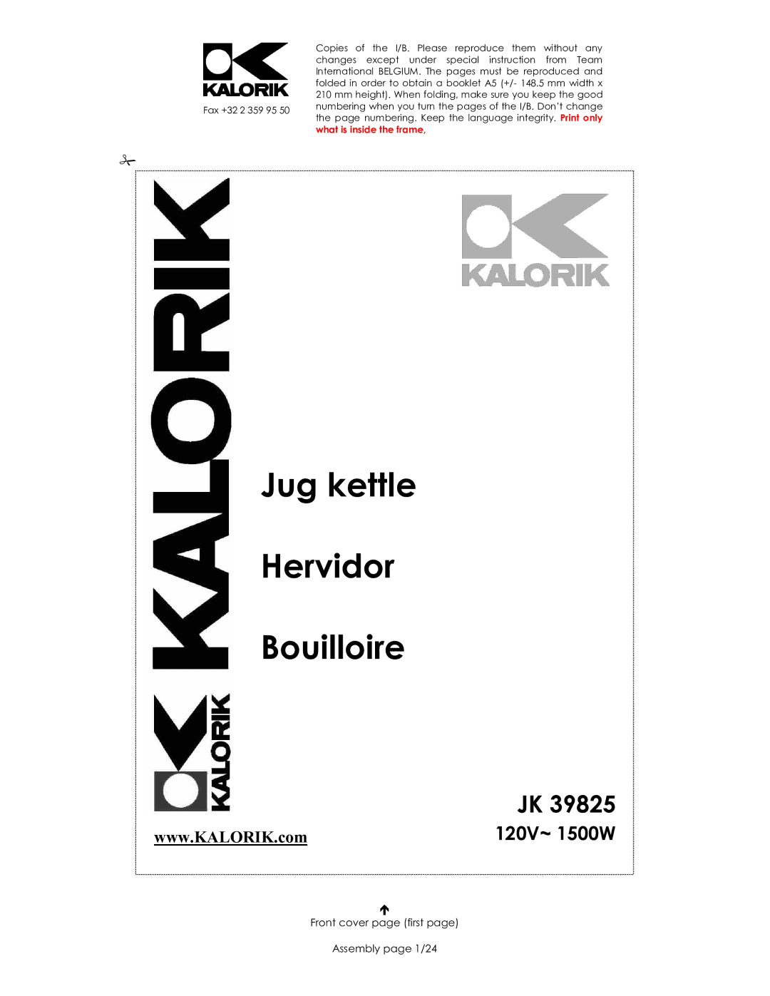 Kalorik JK 39825 manual Jug kettle Hervidor Bouilloire, Front cover page first Assembly page 1/24 