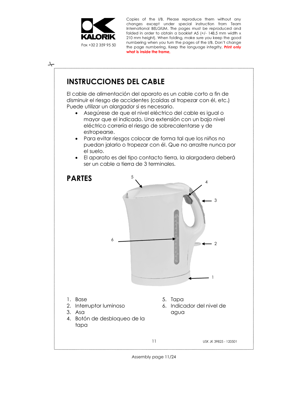 Kalorik JK 39825 manual Instrucciones DEL Cable, Partes, Assembly page 11/24 