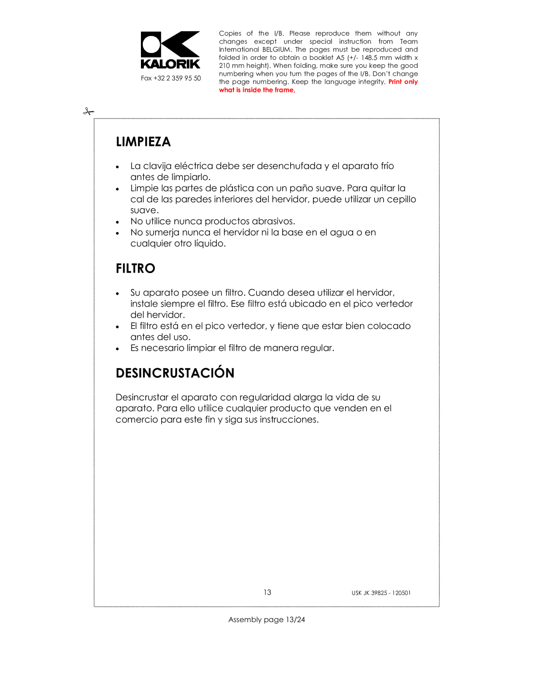 Kalorik JK 39825 manual Limpieza, Filtro, Desincrustación, Assembly page 13/24 