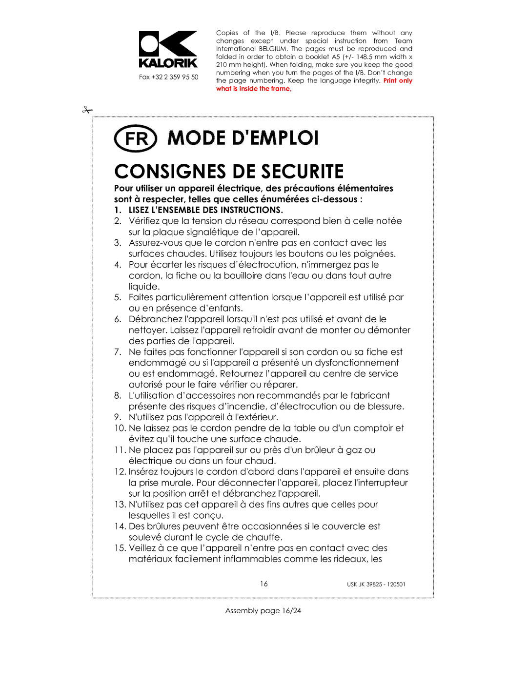 Kalorik JK 39825 manual Consignes DE Securite, Assembly page 16/24 