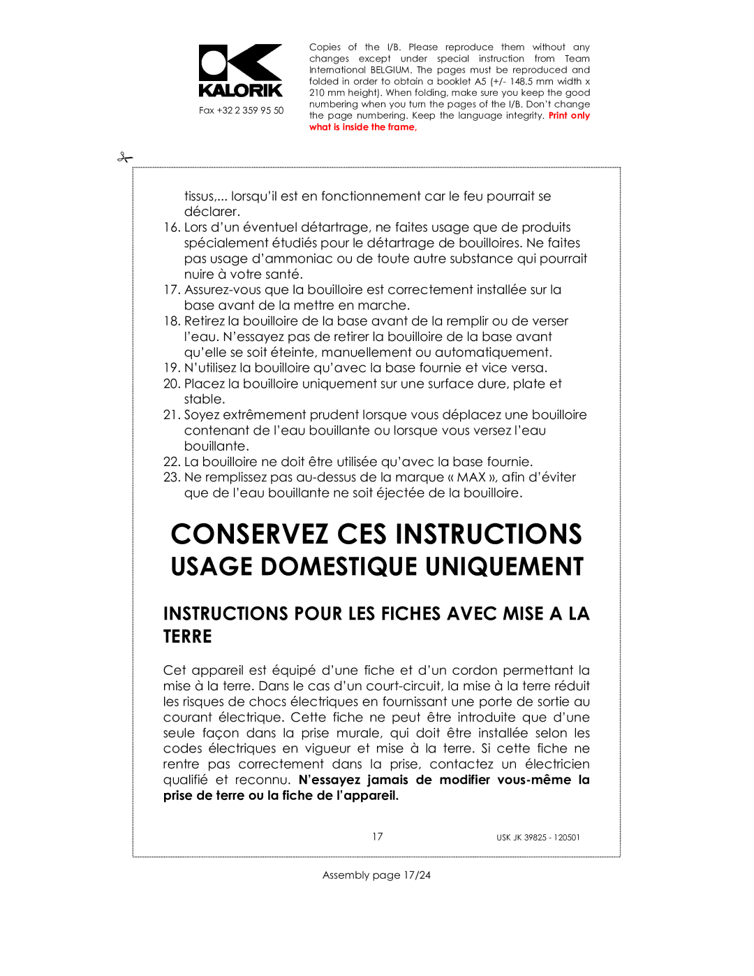 Kalorik JK 39825 manual Conservez CES Instructions, Instructions Pour LES Fiches Avec Mise a LA Terre, Assembly page 17/24 