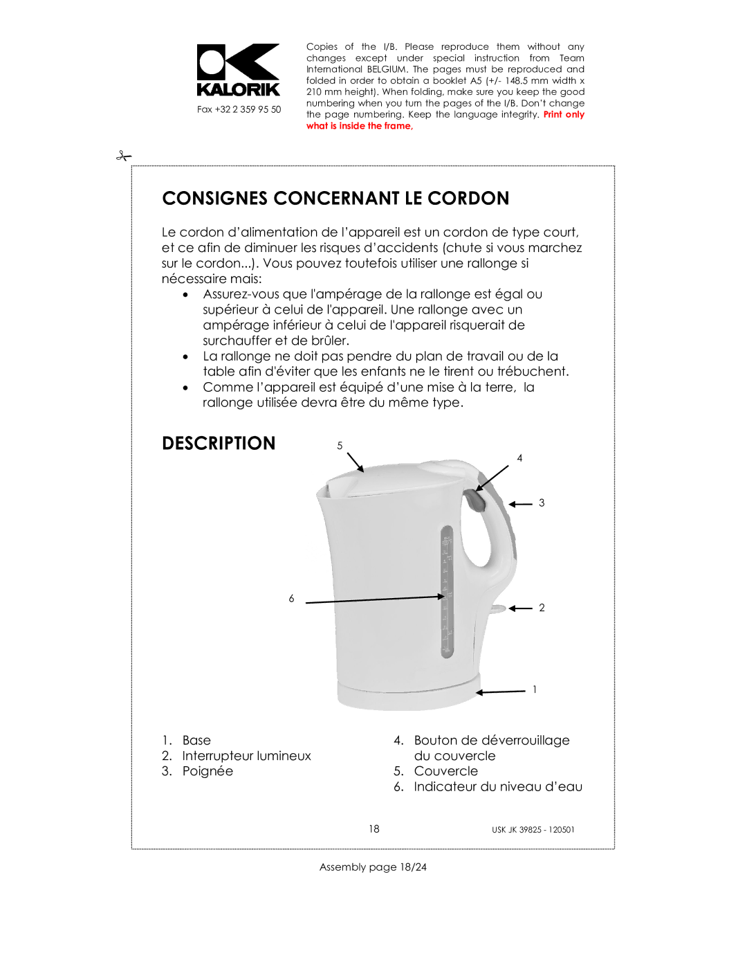 Kalorik JK 39825 manual Consignes Concernant LE Cordon, Description, Assembly page 18/24 