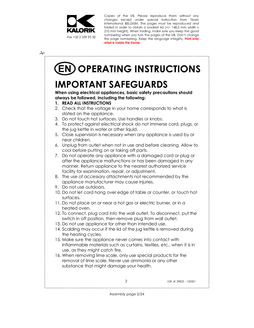 Kalorik JK 39825 manual Important Safeguards, Assembly page 2/24 