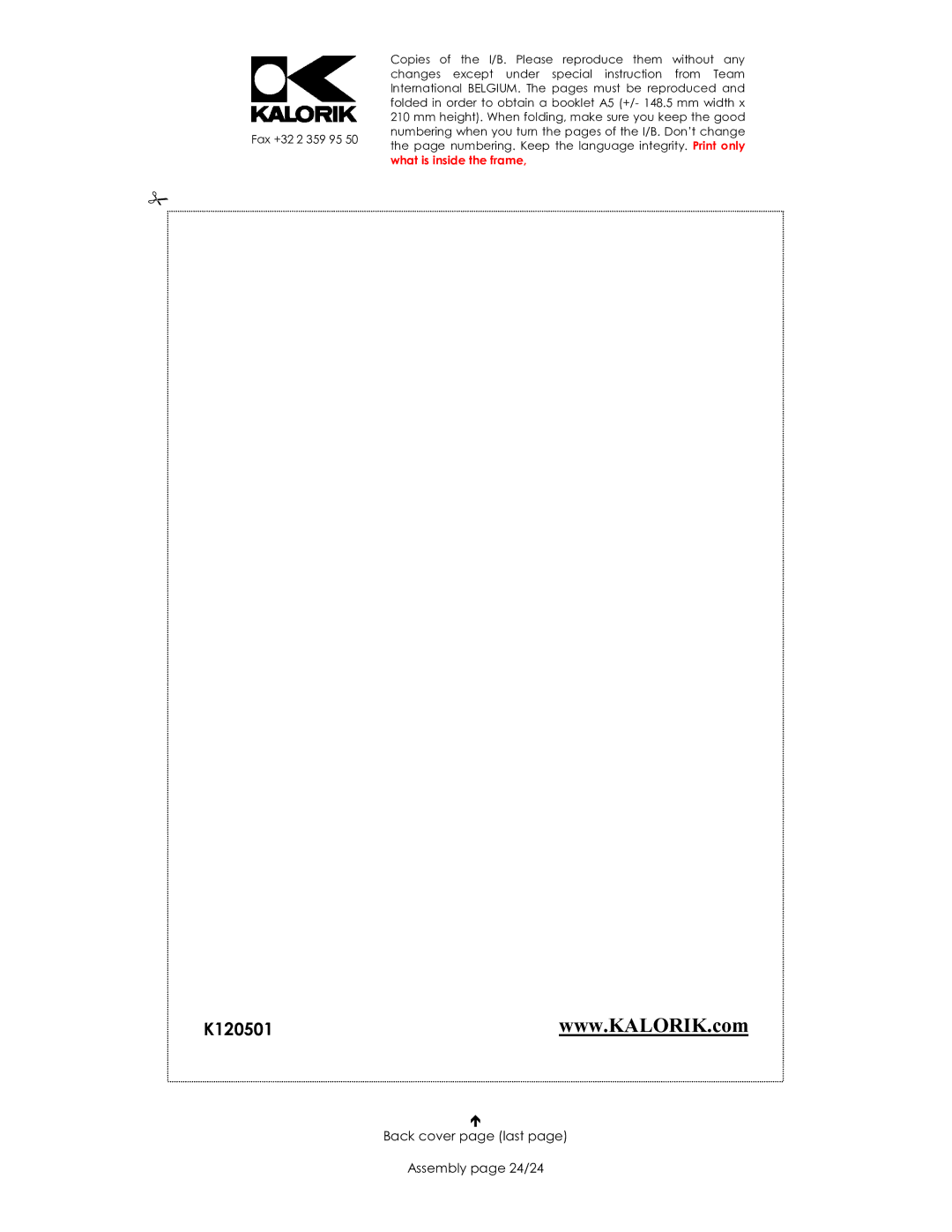 Kalorik JK 39825 manual Back cover page last Assembly page 24/24 