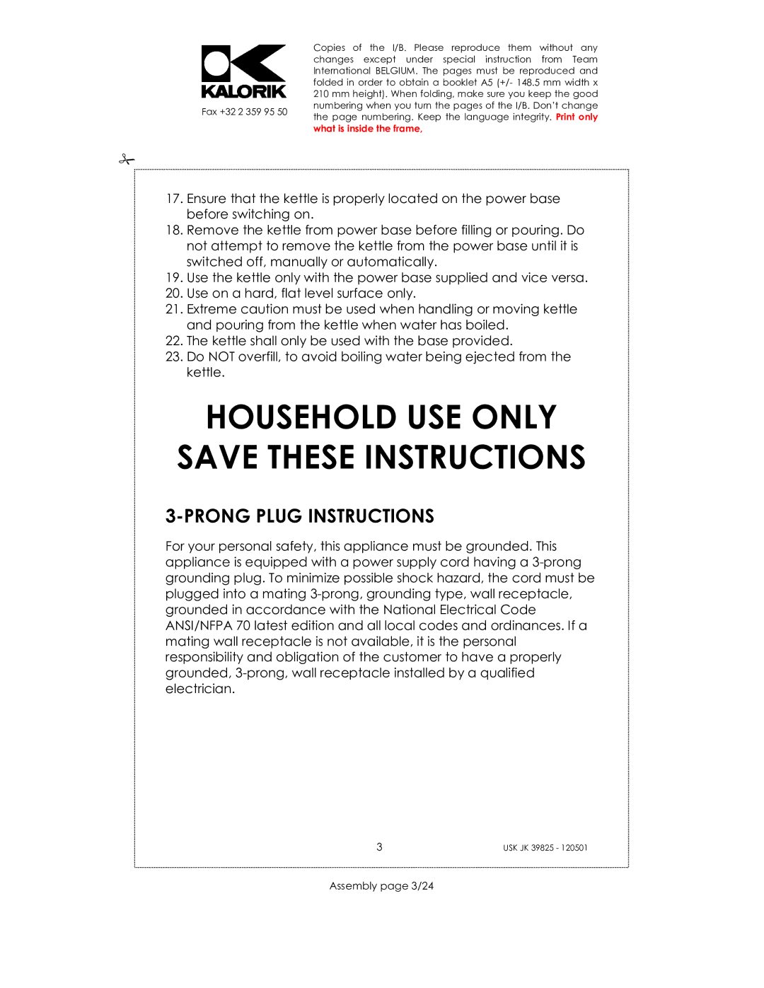 Kalorik JK 39825 manual Prong Plug Instructions, Assembly page 3/24 