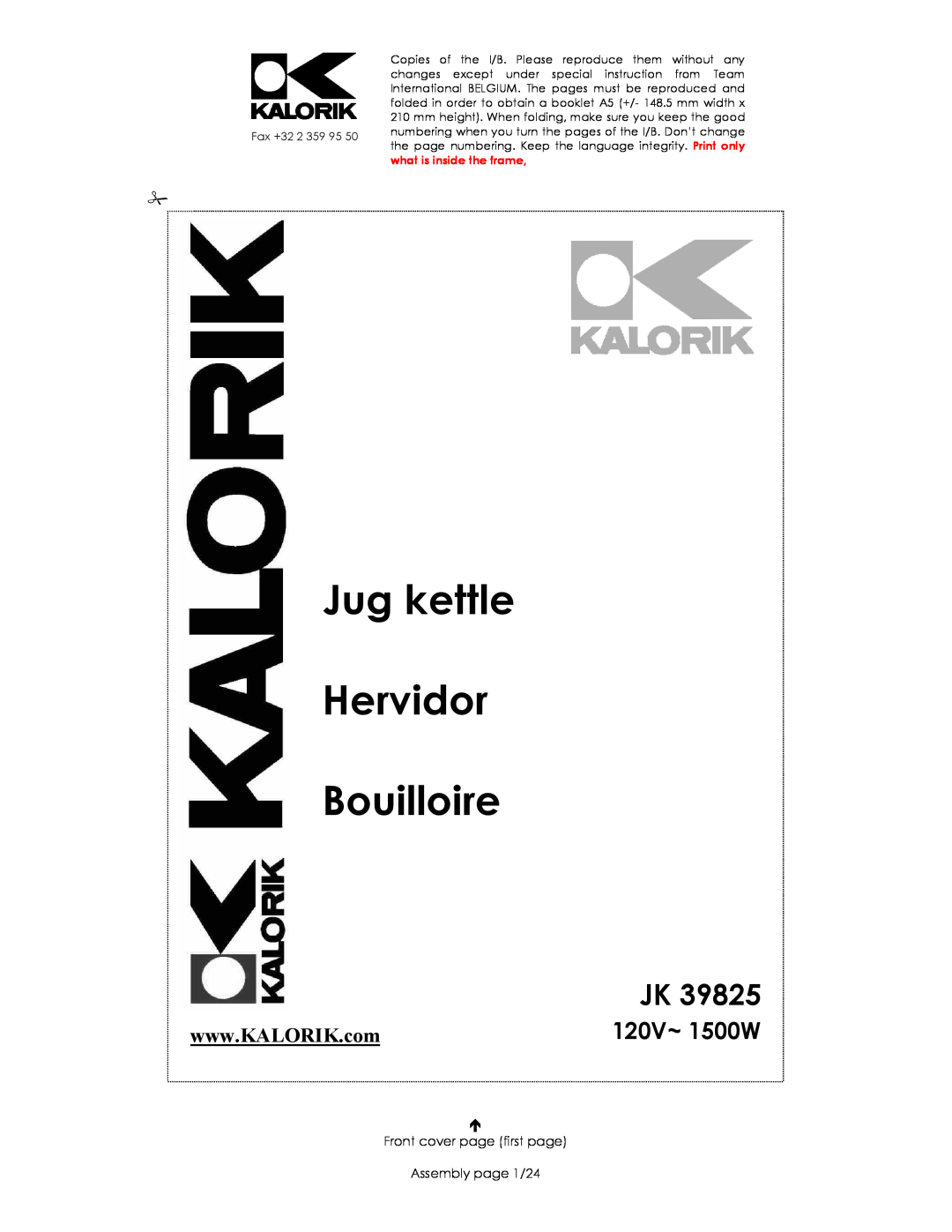 Kalorik JK 39825 manual Jug kettle Hervidor Bouilloire, 120V~ 1500W, Front cover page first page Assembly page 1/24 