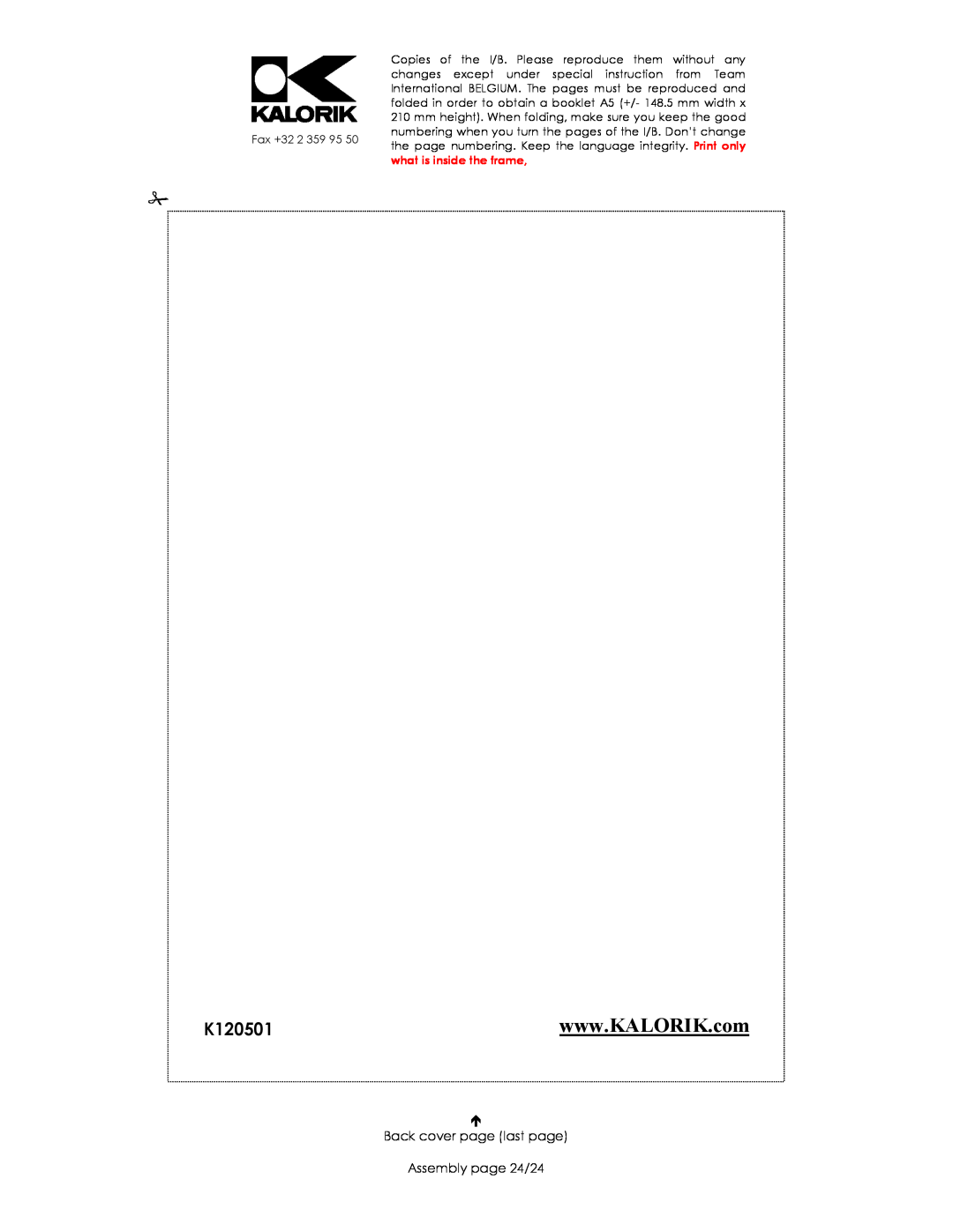 Kalorik JK 39825 manual Back cover page last page Assembly page 24/24 
