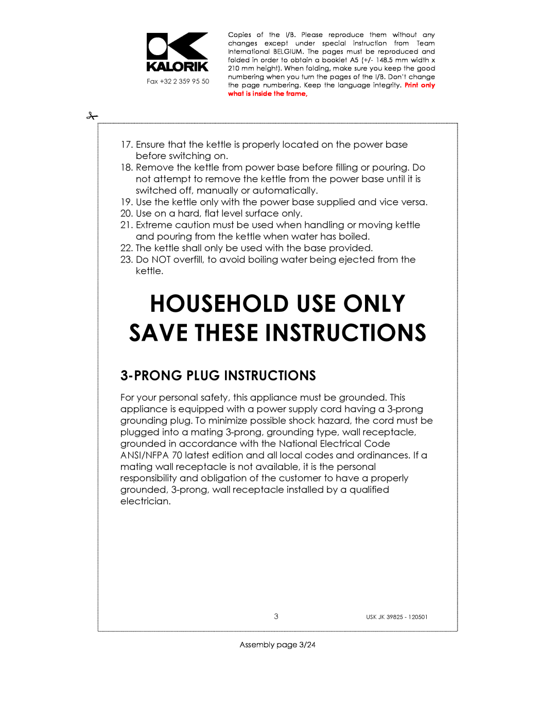 Kalorik JK 39825 manual Household Use Only Save These Instructions, Prongplug Instructions 
