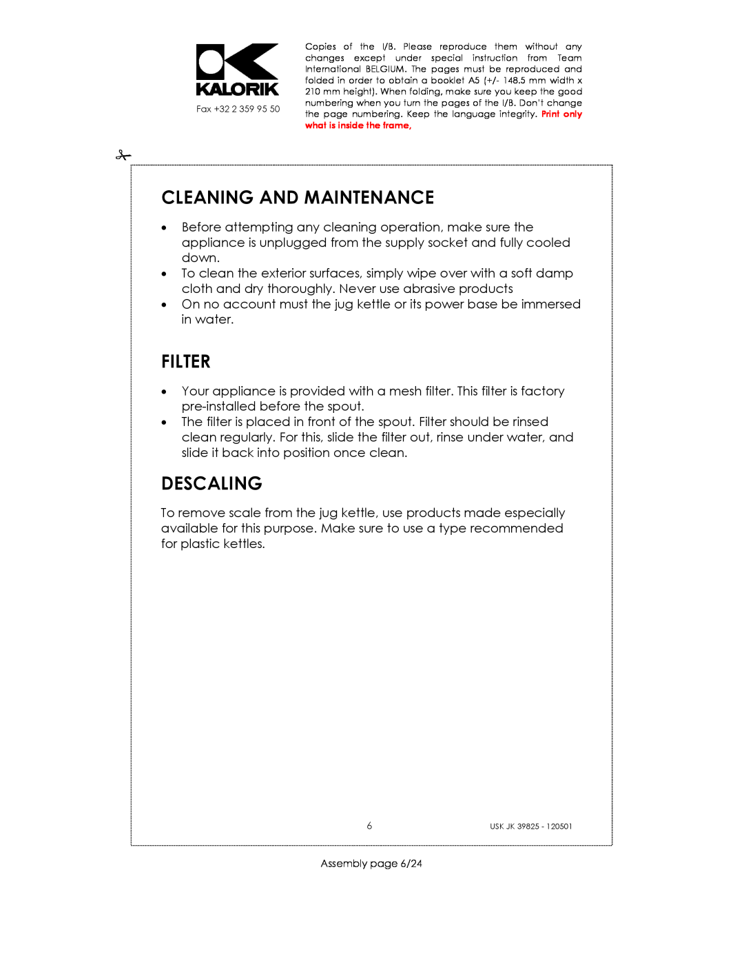 Kalorik JK 39825 manual Cleaning And Maintenance, Filter, Descaling, Assembly page 6/24 