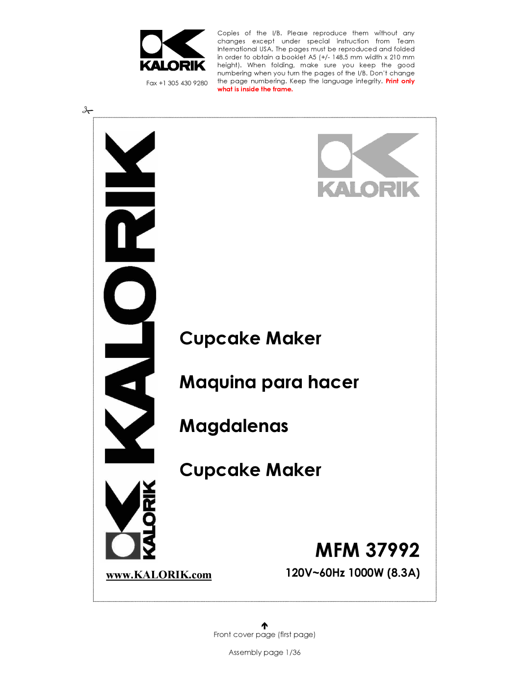 Kalorik MFM 37992 manual Mfm, Front cover page first Assembly page 1/36 