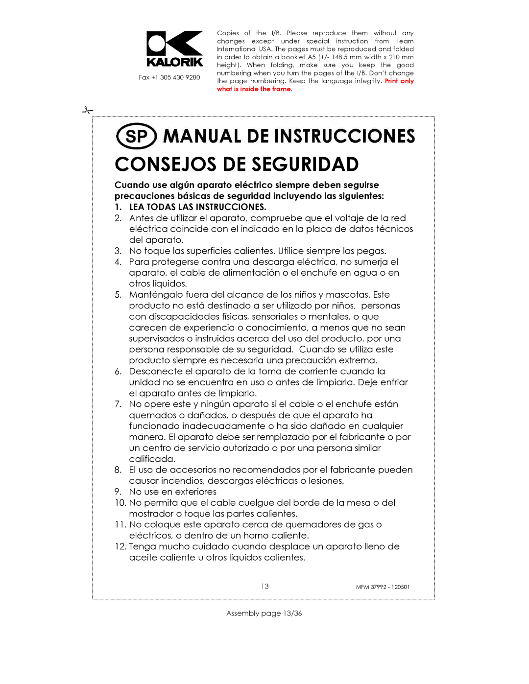 Kalorik MFM 37992 manual Consejos DE Seguridad, Assembly page 13/36 