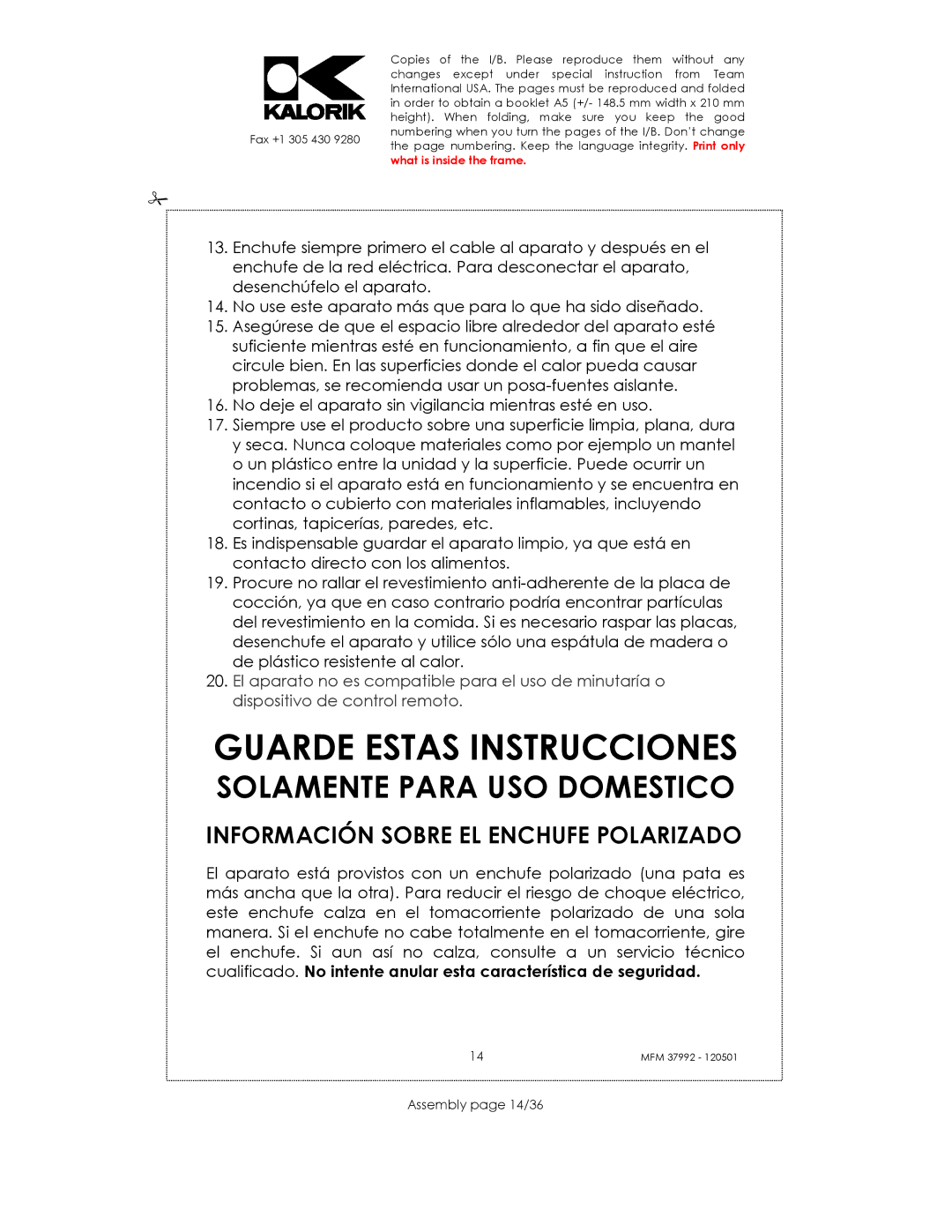 Kalorik MFM 37992 manual Guarde Estas Instrucciones, Información Sobre EL Enchufe Polarizado, Assembly page 14/36 