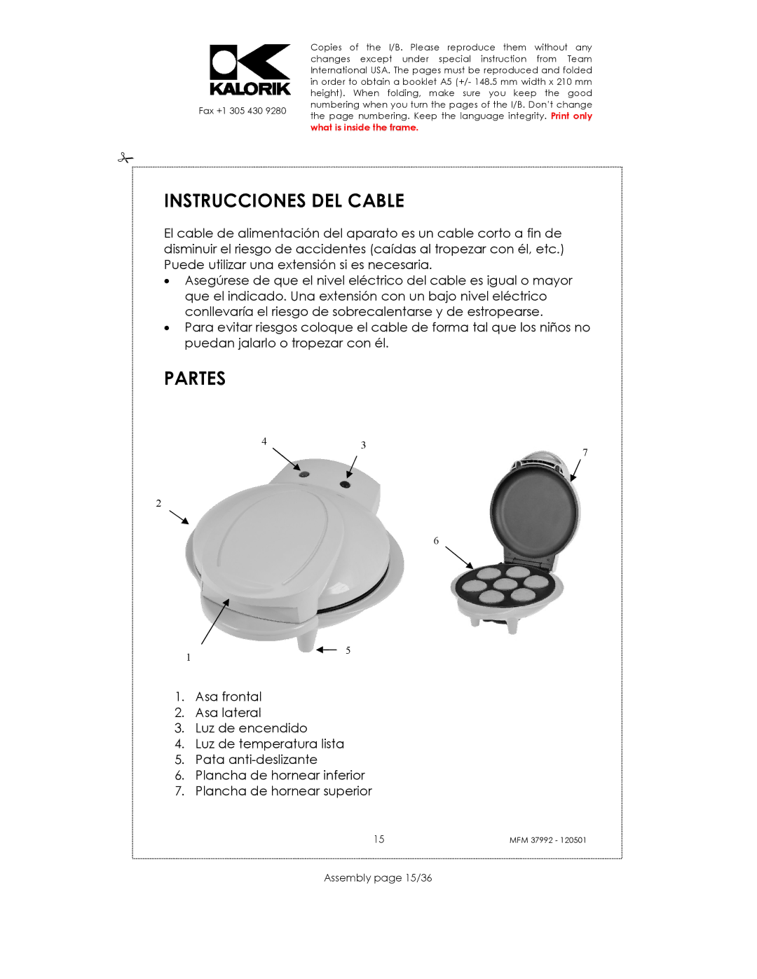 Kalorik MFM 37992 manual Instrucciones DEL Cable, Partes, Assembly page 15/36 