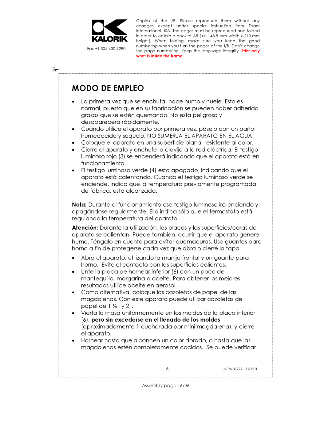 Kalorik MFM 37992 manual Modo DE Empleo, Assembly page 16/36 