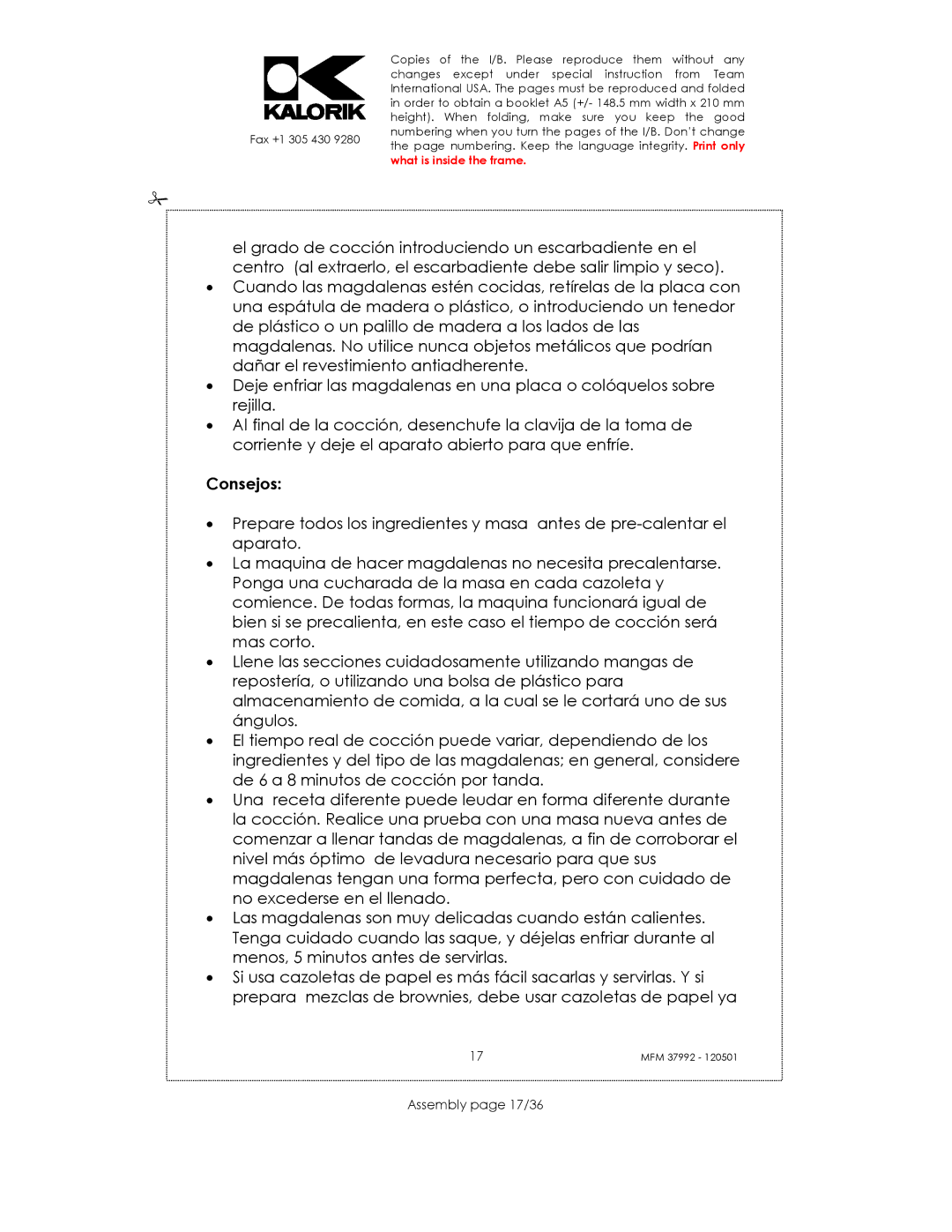 Kalorik MFM 37992 manual Consejos, Assembly page 17/36 