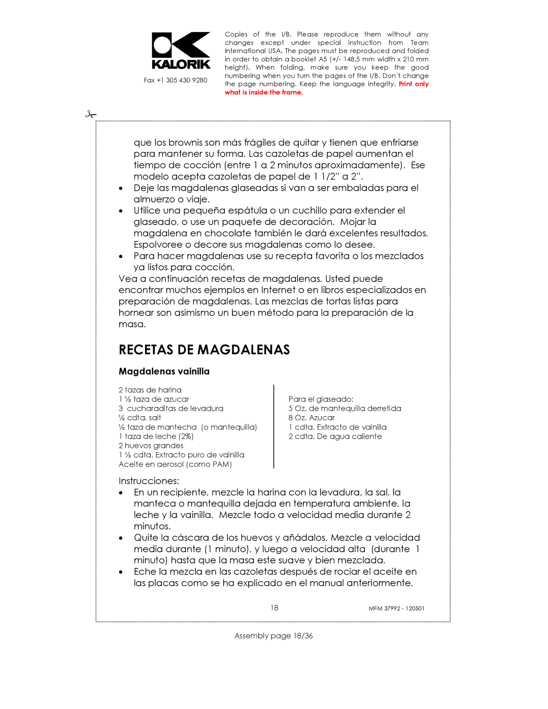 Kalorik MFM 37992 manual Recetas DE Magdalenas, Magdalenas vainilla, Assembly page 18/36 